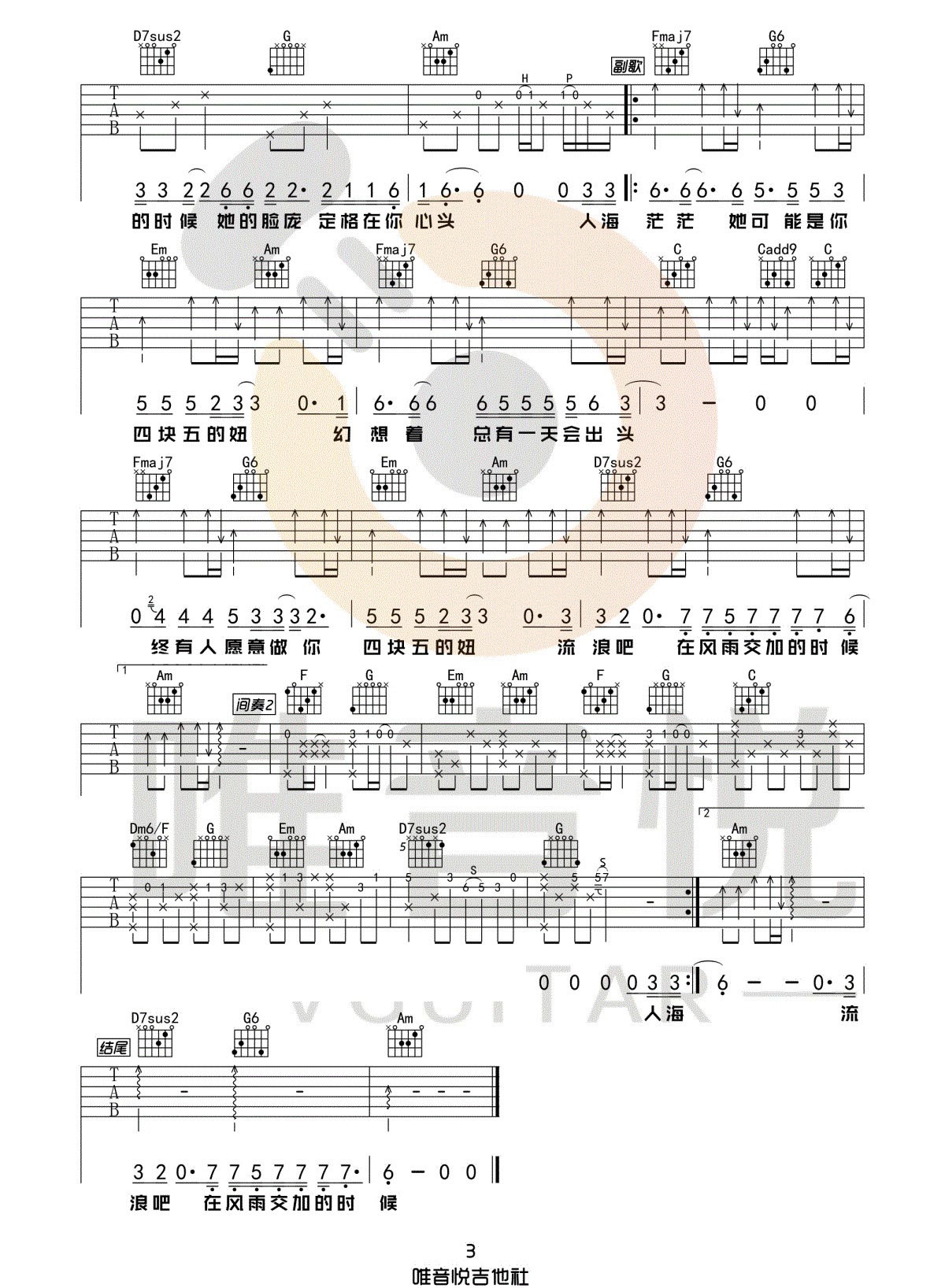 隔壁老樊《四块五》吉他谱_C调指法原版吉他谱_吉他弹唱视频教学-图3