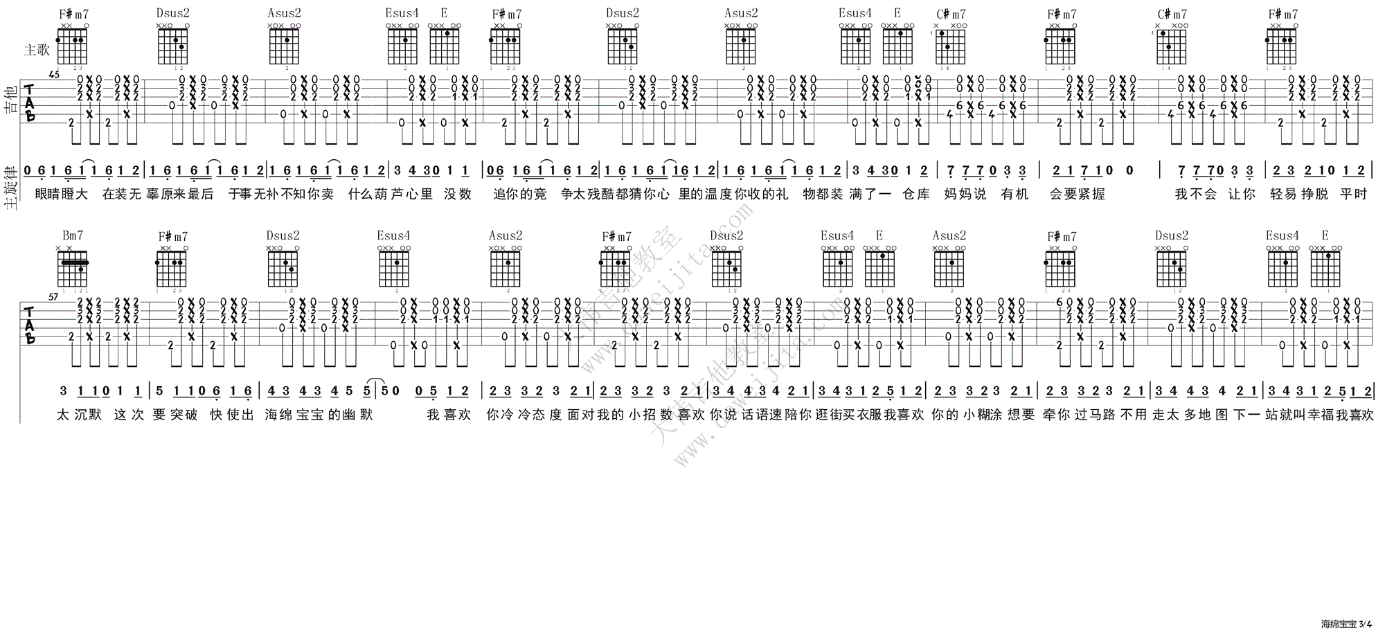 回音哥《海绵宝宝》吉他谱_A调指法原版吉他谱_吉他弹唱视频教学-图3