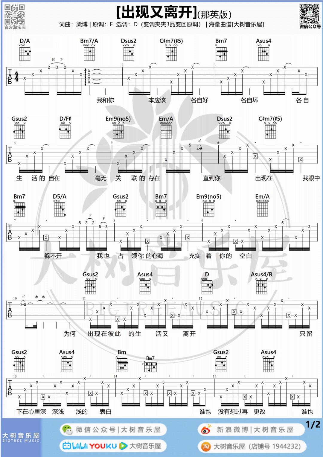 那英《出现又离开》吉他谱_D调指法吉他谱_吉他弹唱视频教学-图1