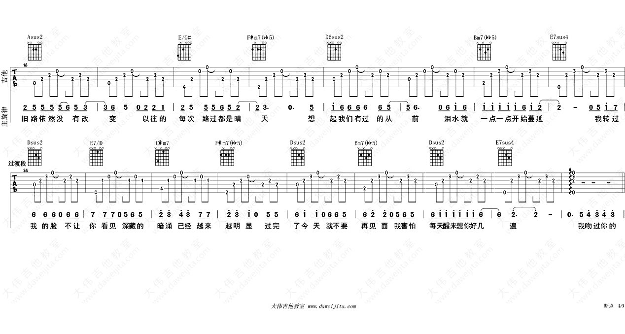 张敬轩《断点》吉他谱_A调指法原版吉他谱_吉他弹唱视频教学-图2