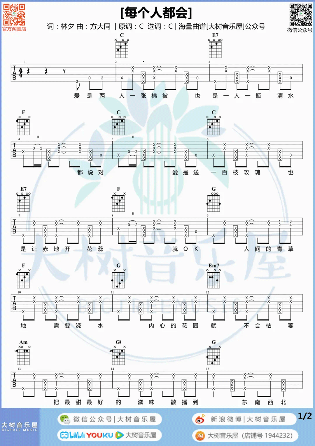 方大同《每个人都会》吉他谱_C调拍弦版吉他谱_吉他弹唱视频教学-图1
