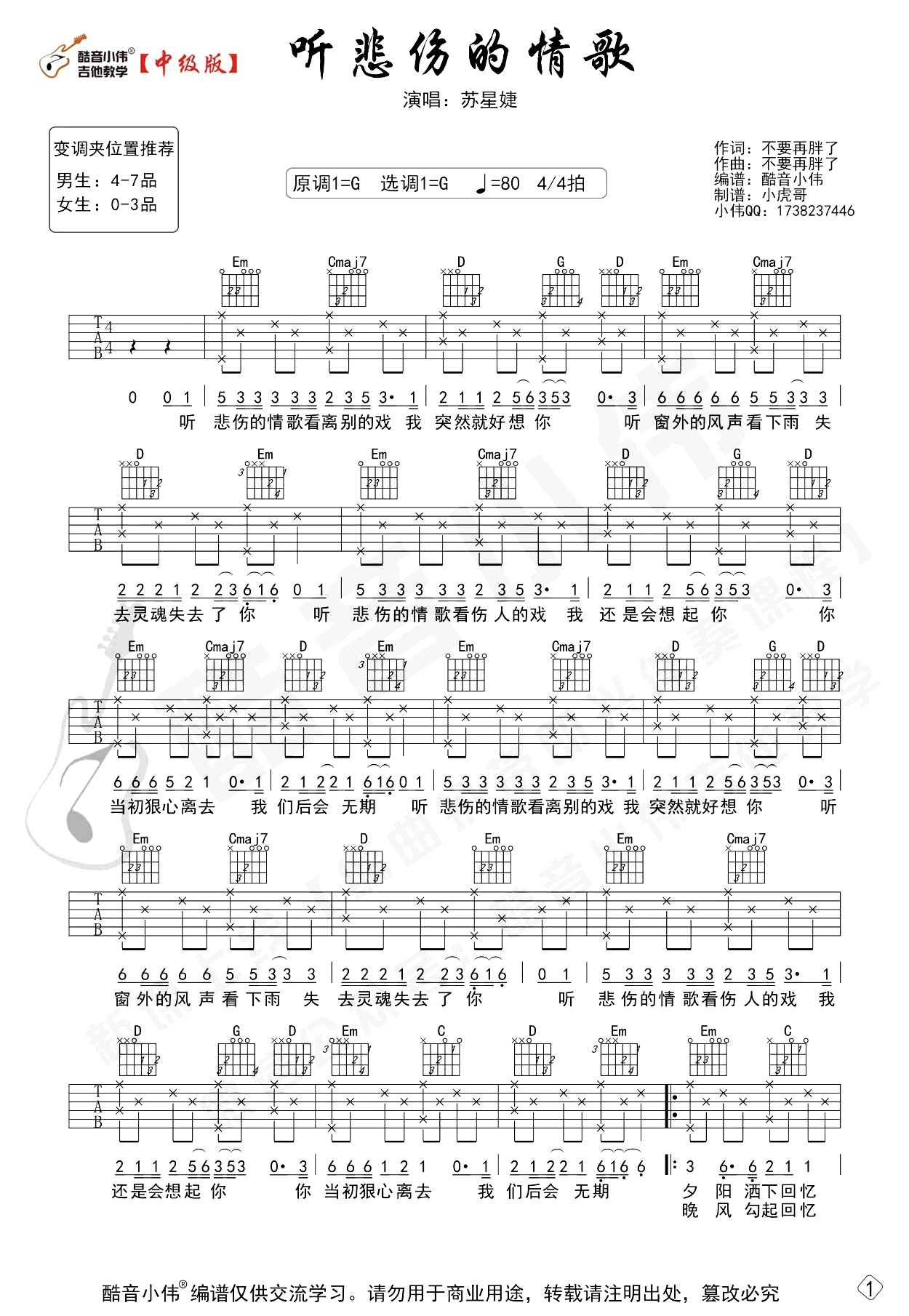 苏星婕《听悲伤的情歌》吉他谱_G调原版吉他谱_吉他弹唱视频教学-图1