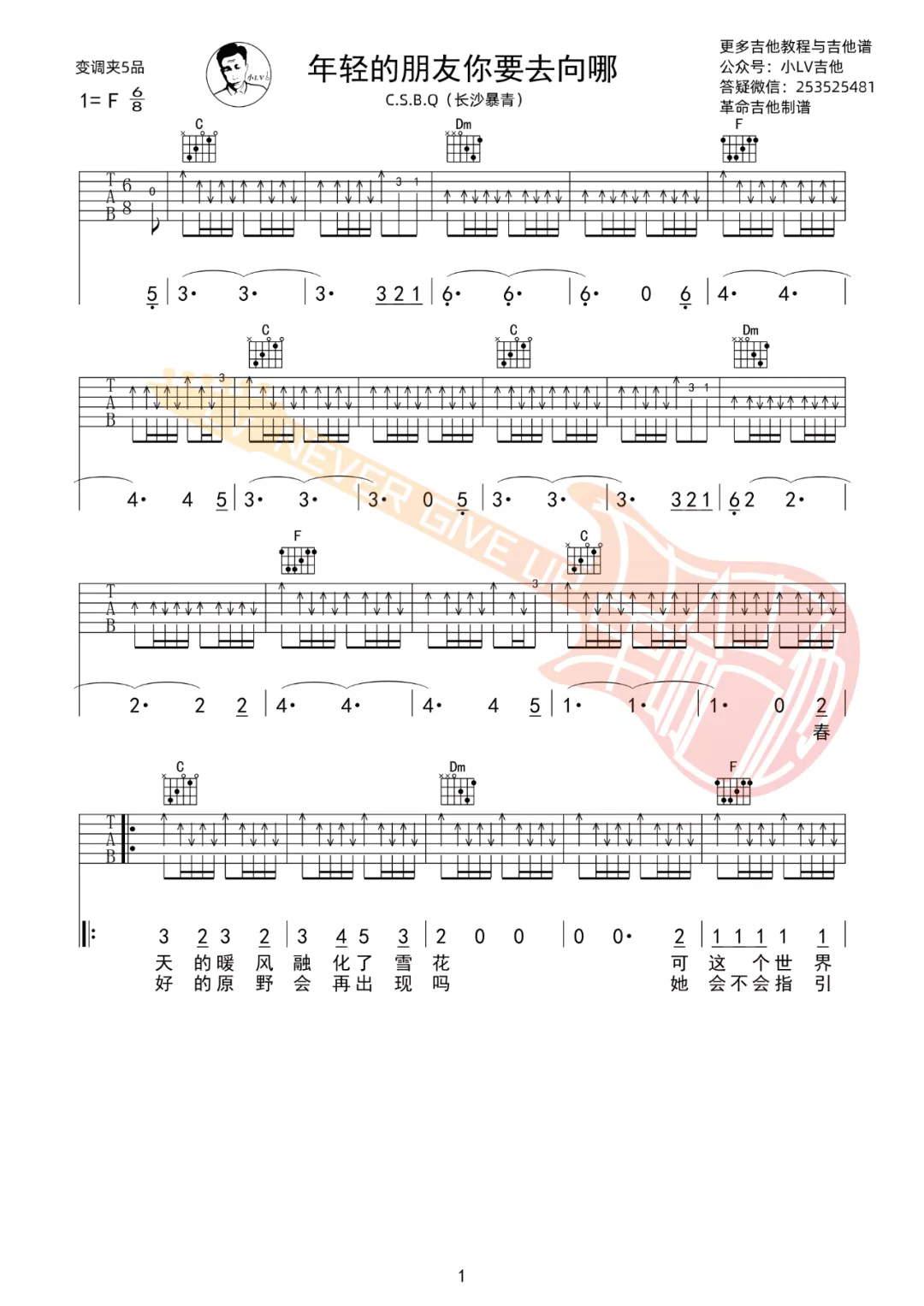 C.S.B.Q《年轻的朋友你要去向哪》吉他谱_C调吉他谱_吉他弹唱视频教学-图1