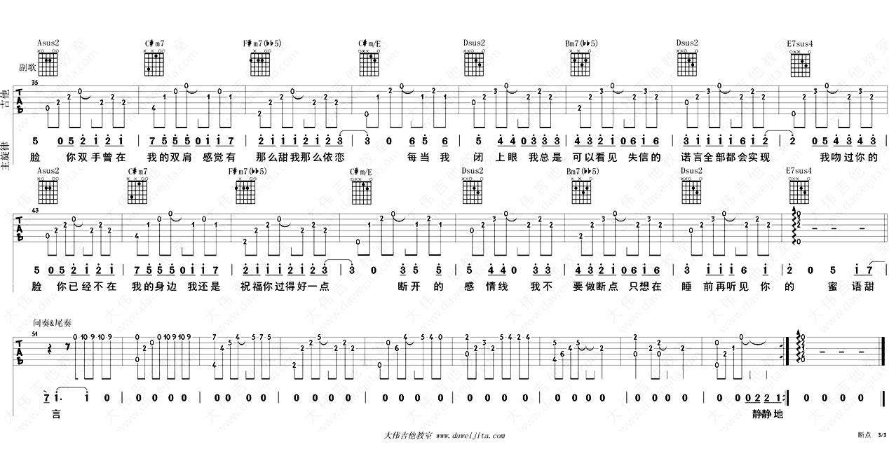 张敬轩《断点》吉他谱_A调指法原版吉他谱_吉他弹唱视频教学-图3