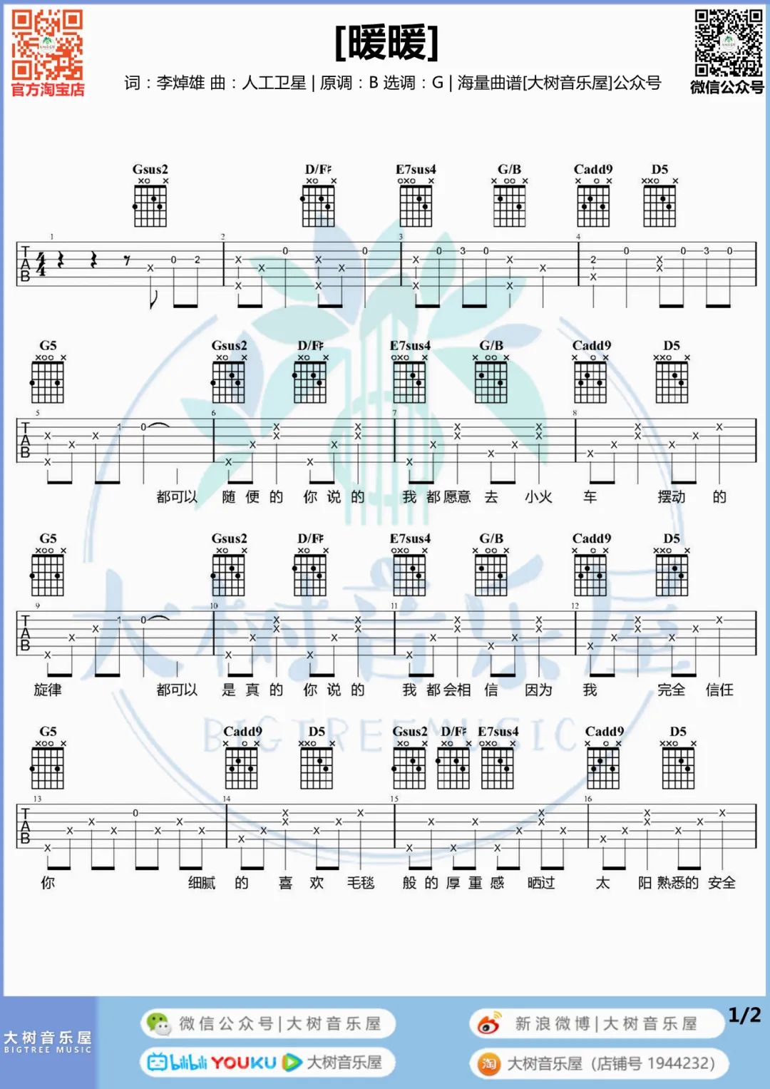 梁静茹《暖暖》吉他谱_G调指法原版吉他谱_吉他弹唱视频教学-图1