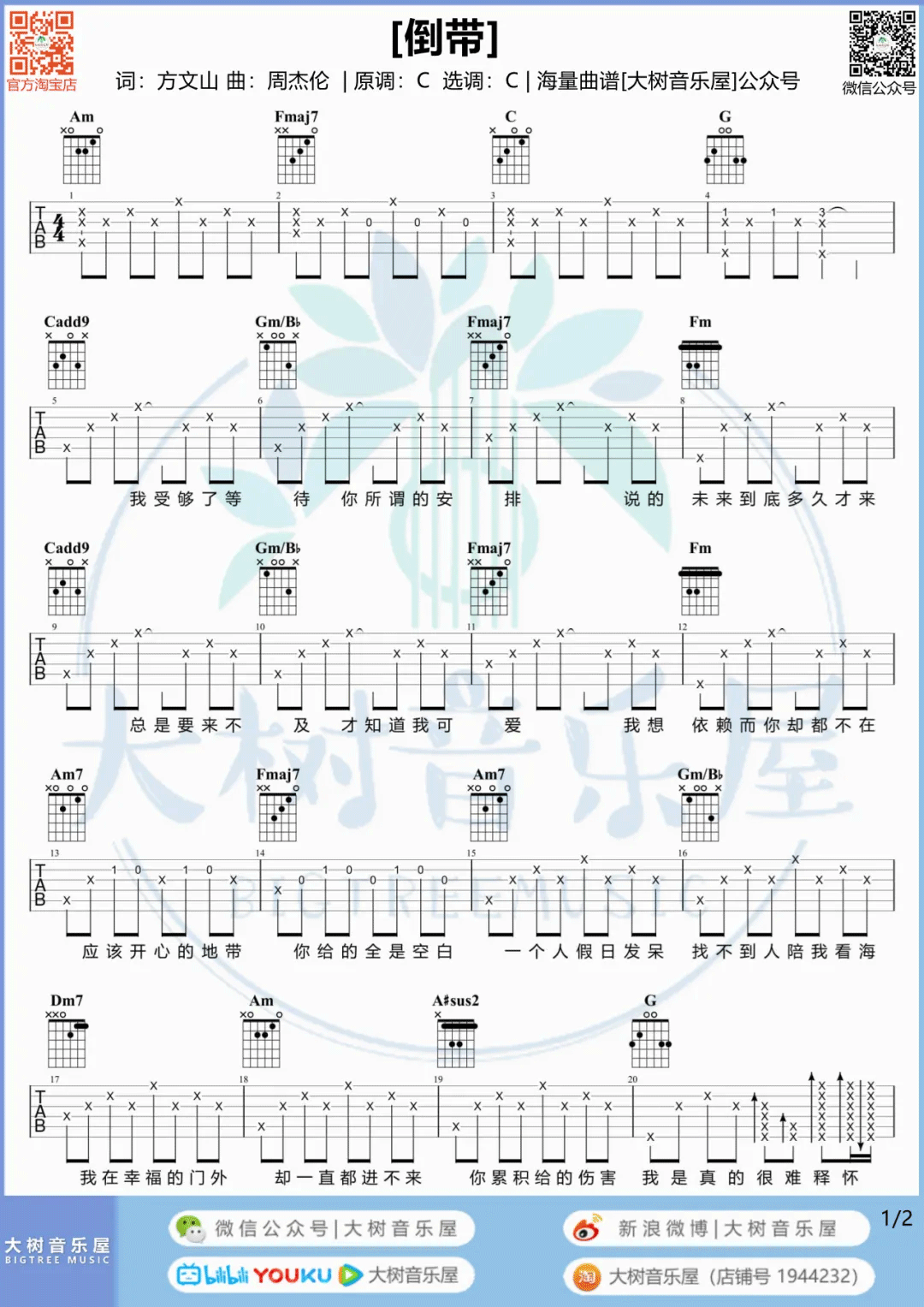蔡依林《倒带》吉他谱_C调指法原版吉他谱_吉他弹唱视频教学-图1