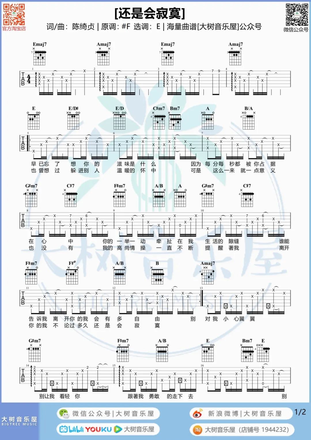 陈绮贞《还是会寂寞》吉他谱_E调原版吉他谱_吉他弹唱视频教学-图1