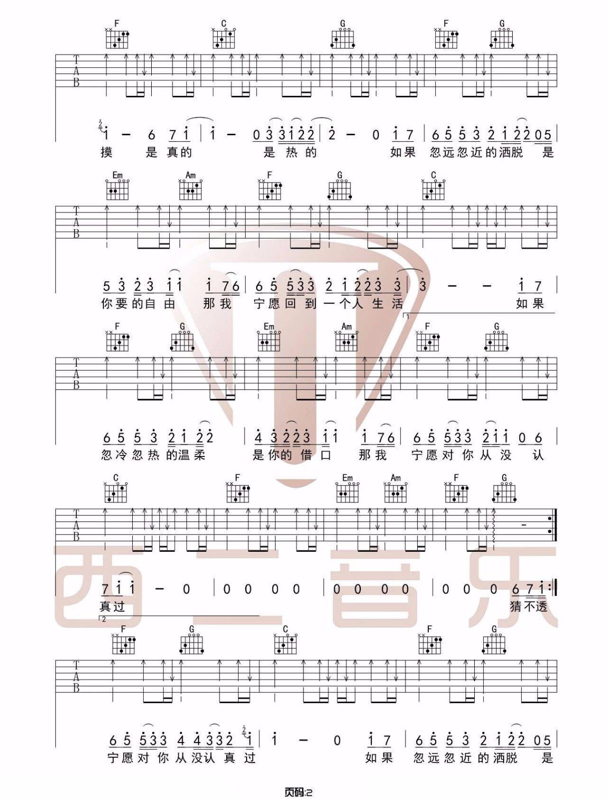 丁当《猜不透》吉他谱_C调指法原版吉他谱_吉他弹唱视频教学-图2