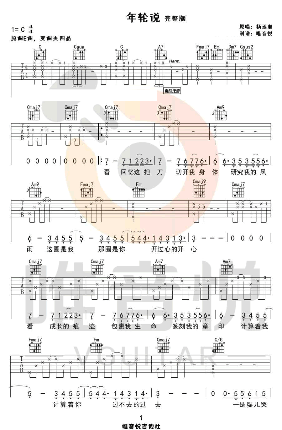 杨丞琳《年轮说》吉他谱_C调指法原版吉他谱_吉他弹唱视频教学-图1