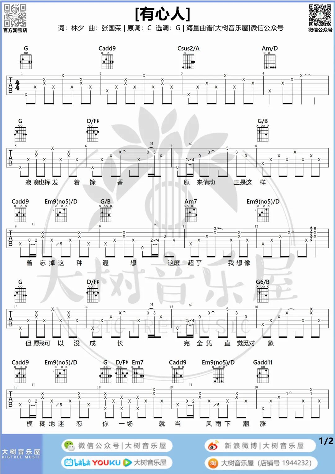 张国荣《有心人》吉他谱_G调简单版吉他谱_吉他弹唱视频教学-图1