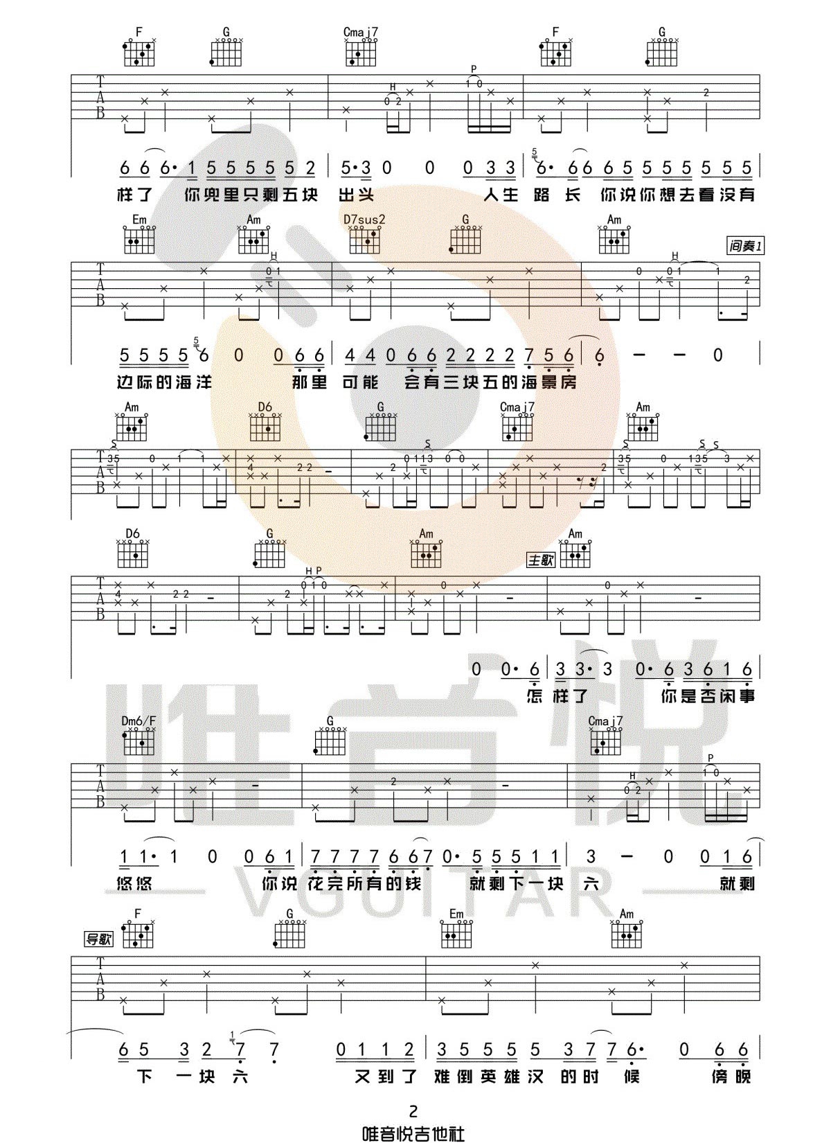 隔壁老樊《四块五》吉他谱_C调指法原版吉他谱_吉他弹唱视频教学-图2