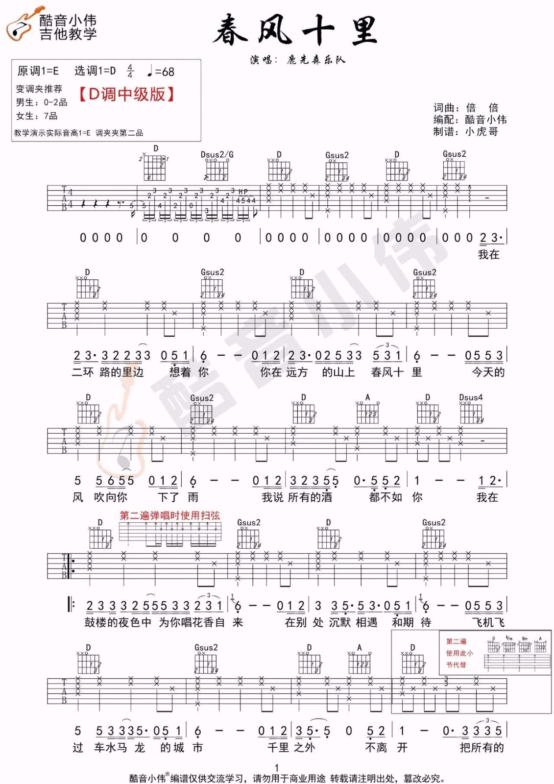 鹿先森乐队《春风十里》吉他谱_D调原版吉他谱_吉他弹唱视频教学-图1