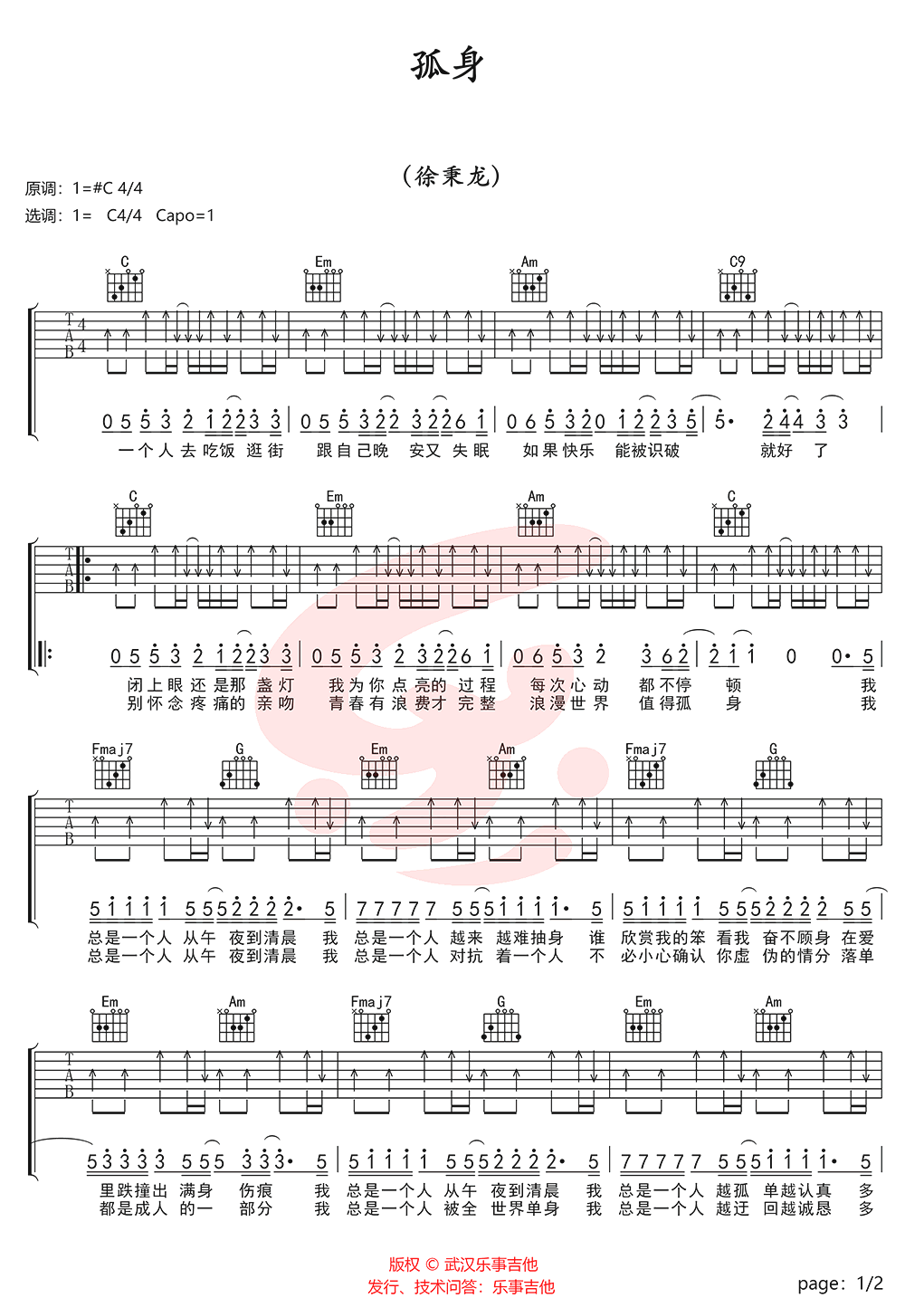 徐秉龙《孤身》吉他谱_C调简单版指法吉他谱_吉他弹唱视频教学-图1