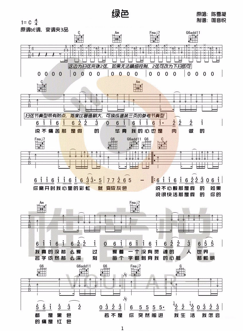 陈雪凝《绿色》吉他谱_C调指法原版吉他谱_吉他弹唱视频教学-图1