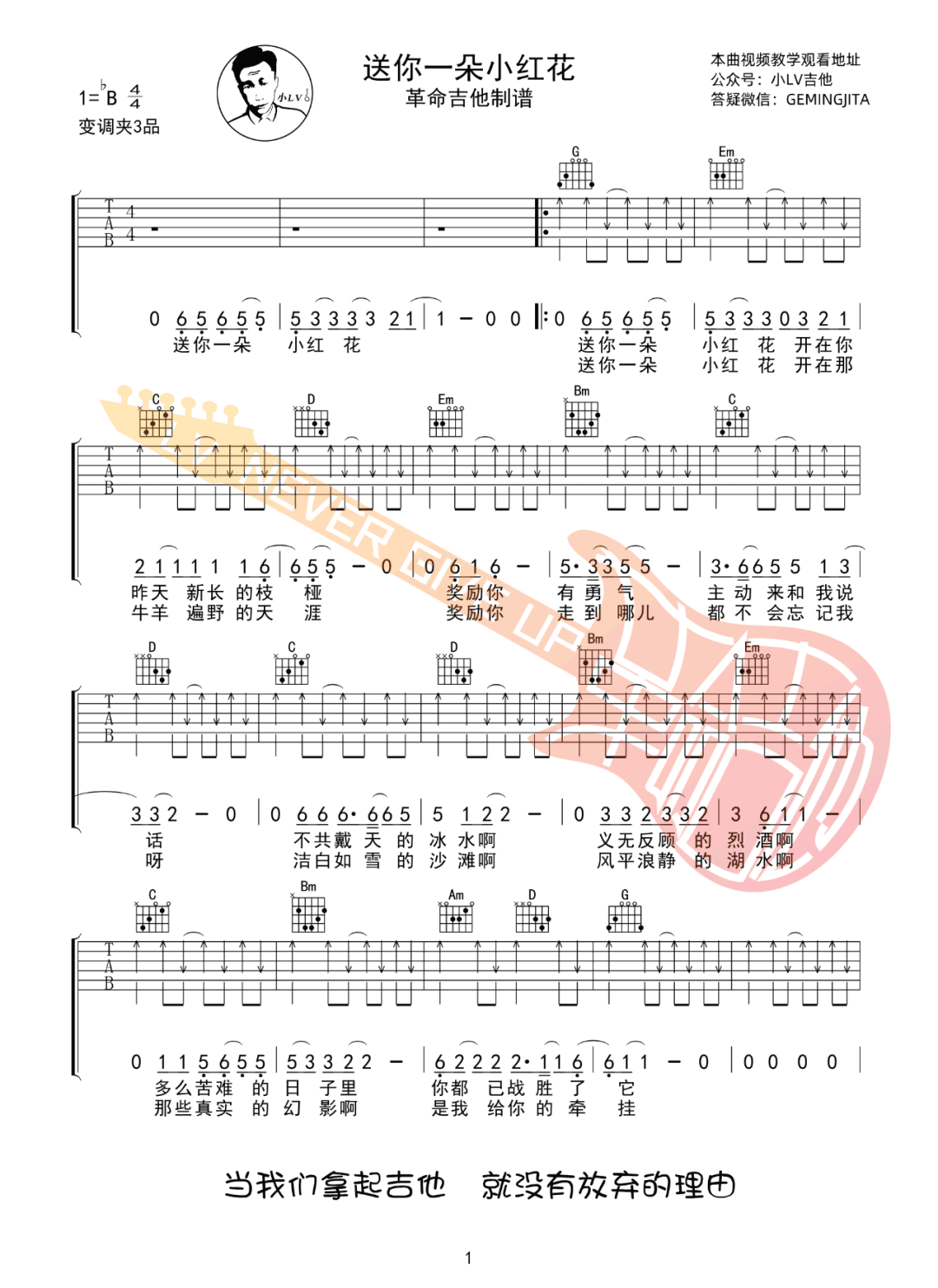 赵英俊《送你一朵小红花》吉他谱_G调吉他谱_吉他弹唱视频教学-图1