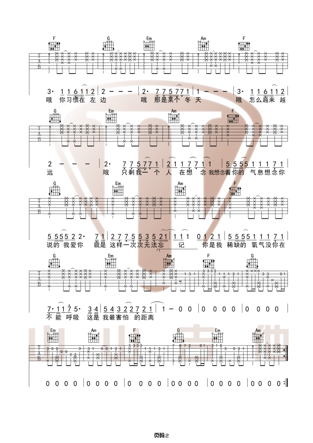 皮卡丘多多《想想念念》吉他谱_C调原版吉他谱_吉他弹唱视频教学-图2