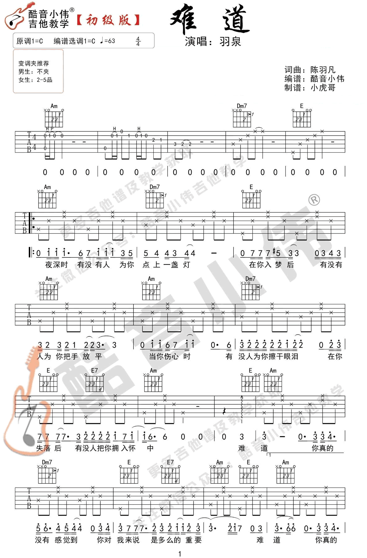 羽泉《难道》吉他谱_C调指法简单版吉他谱_吉他弹唱视频教学-图1