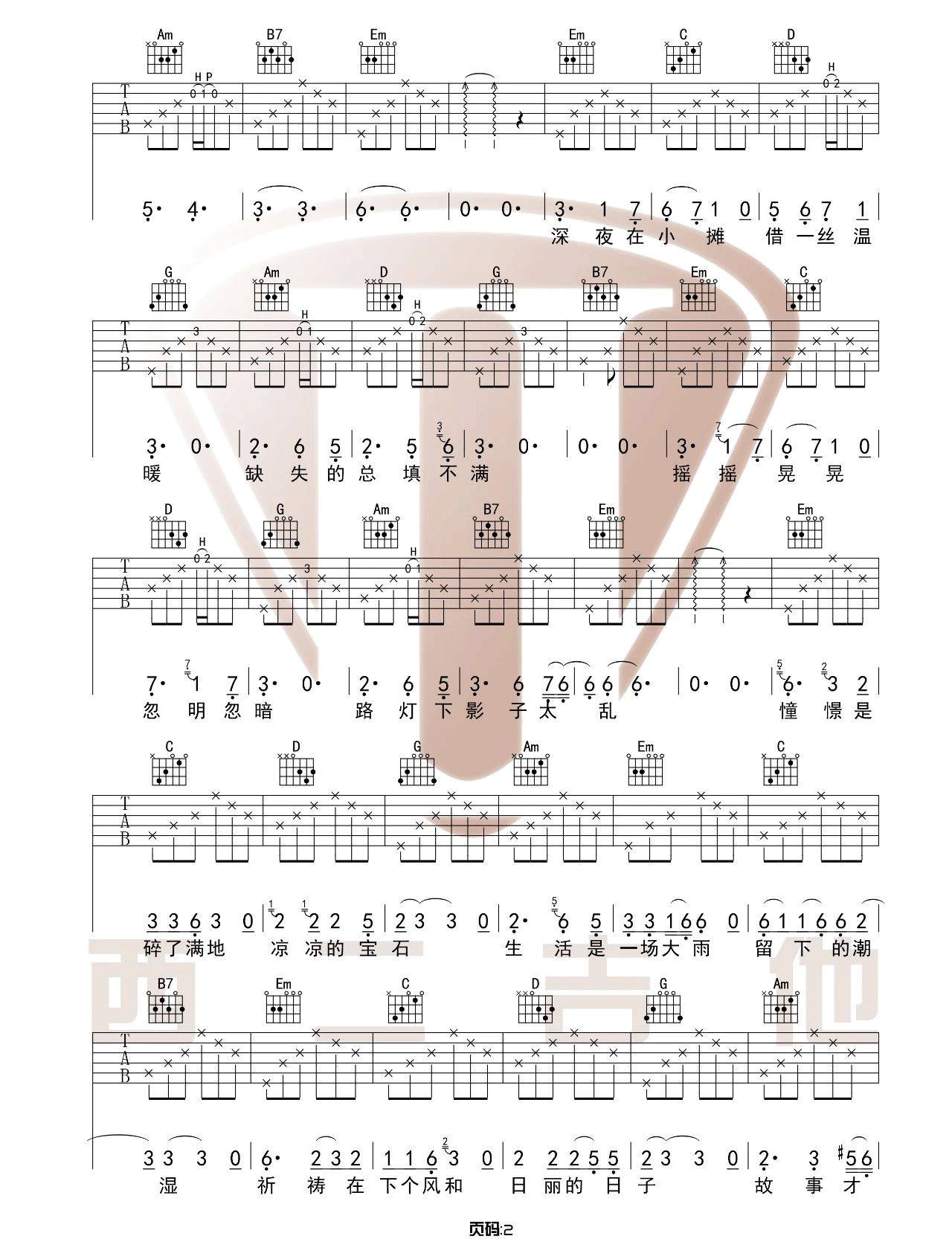 毛不易《深夜一角》吉他谱_G调指法原版吉他谱_吉他弹唱视频教学-图2