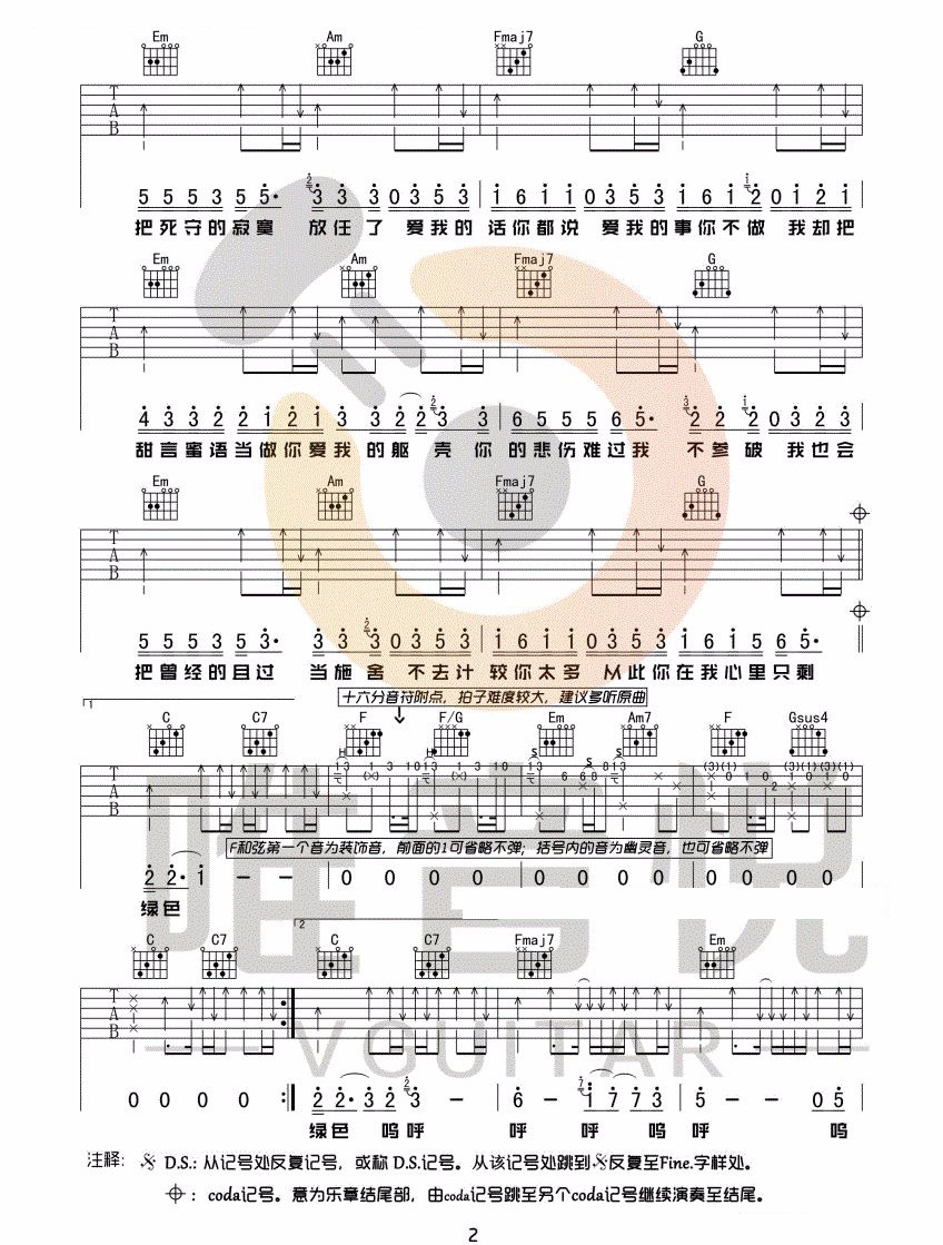 陈雪凝《绿色》吉他谱_C调指法原版吉他谱_吉他弹唱视频教学-图2