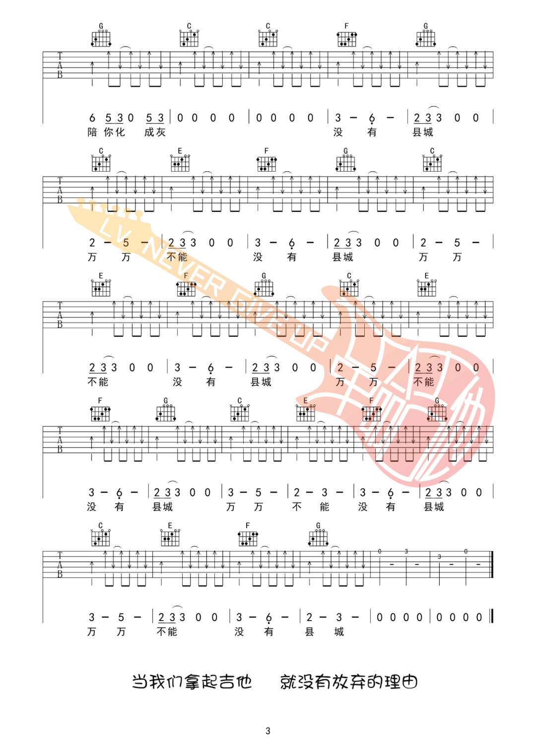 刘森《县城》吉他谱_C调指法扫弦版吉他谱_吉他弹唱视频教学-图3