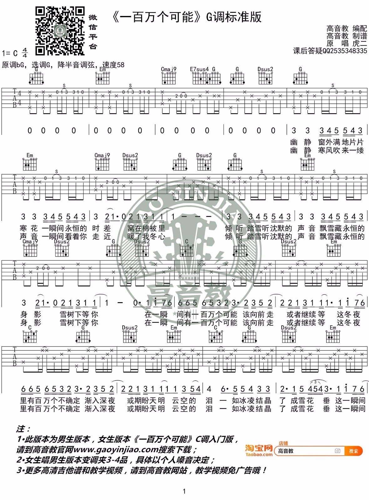 虎二《一百万个可能》吉他谱_G调原版吉他谱_吉他弹唱视频教学-图1