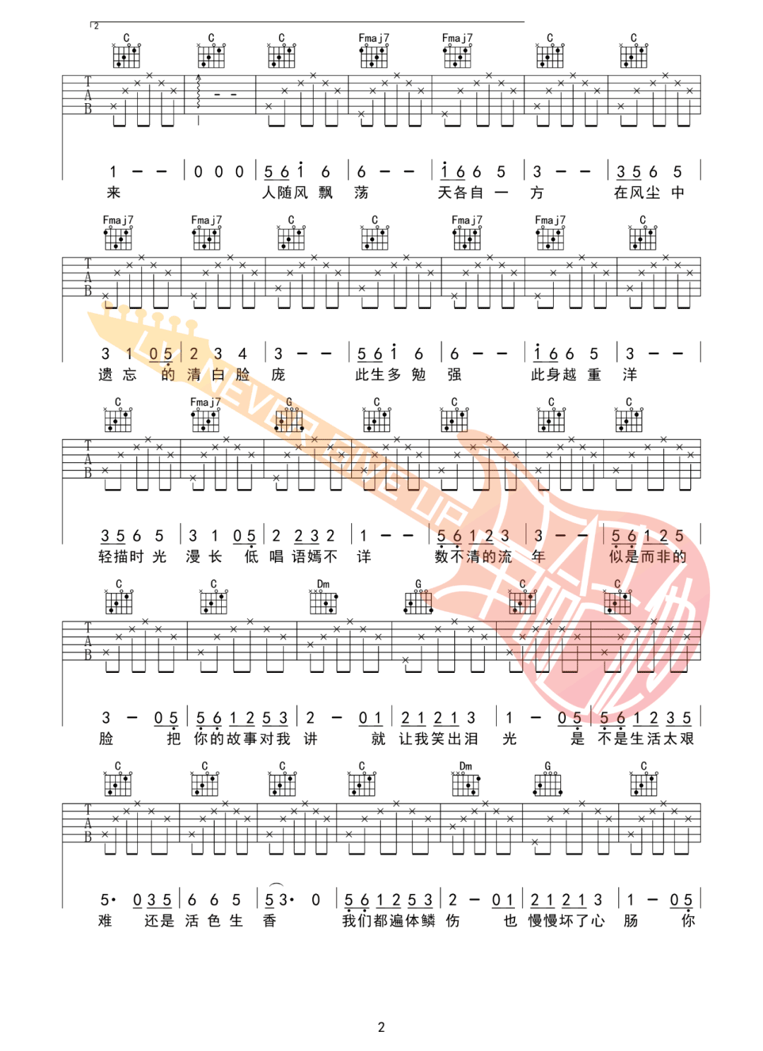 朴树《清白之年》吉他谱_C调指法原版吉他谱_吉他弹唱视频教学-图2