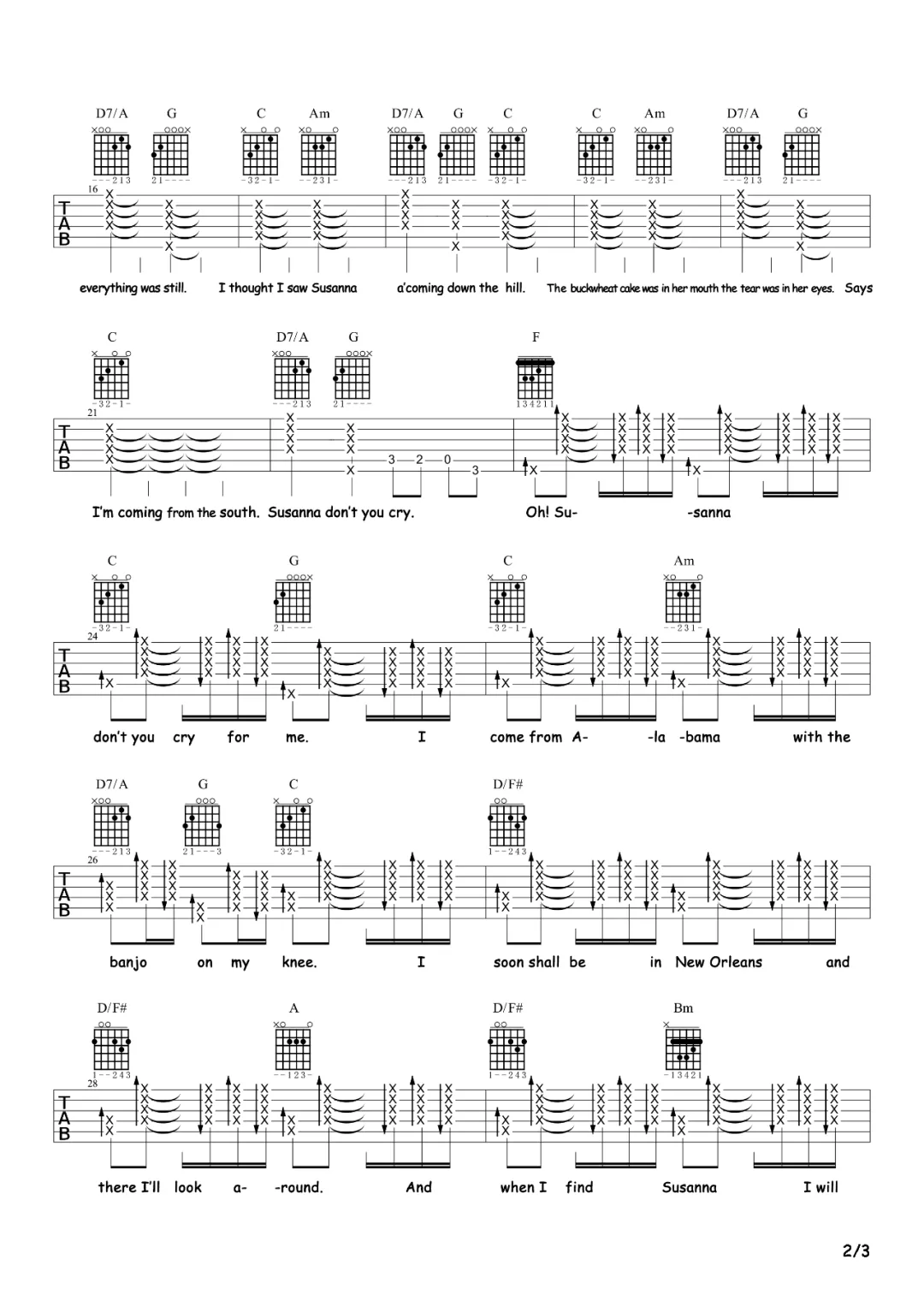 美国民歌《哦苏珊娜》吉他谱_C调指法吉他谱_吉他弹唱视频教学-图2