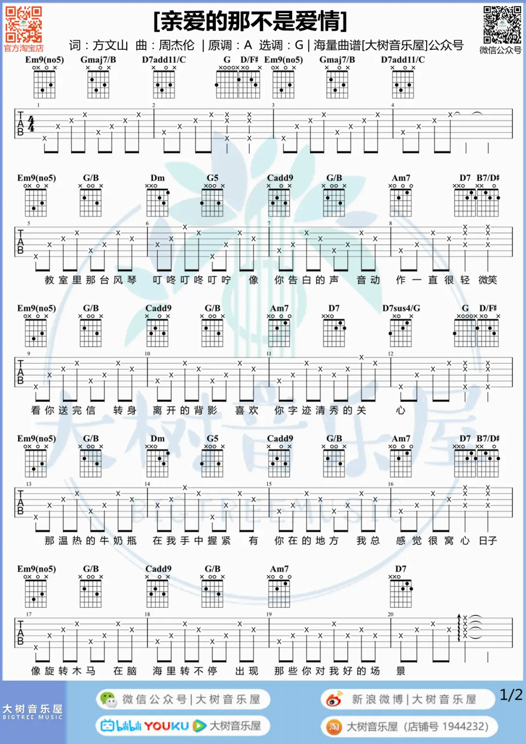 张韶涵《亲爱的那不是爱情》吉他谱_G调简单版_吉他弹唱视频教学-图1
