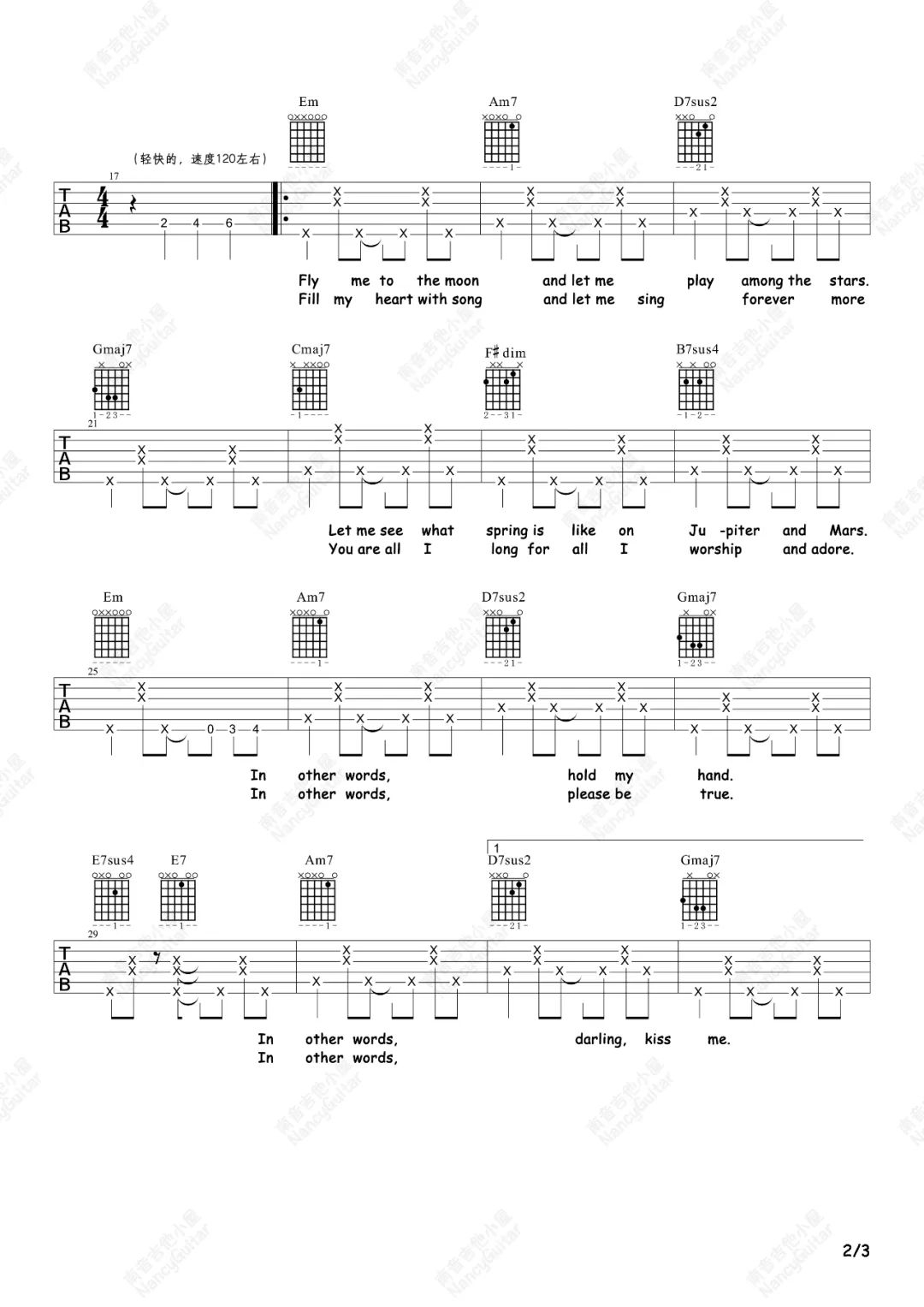 Peggy Lee《Fly Me To The Moon》吉他谱_C调_吉他弹唱视频教学-图2