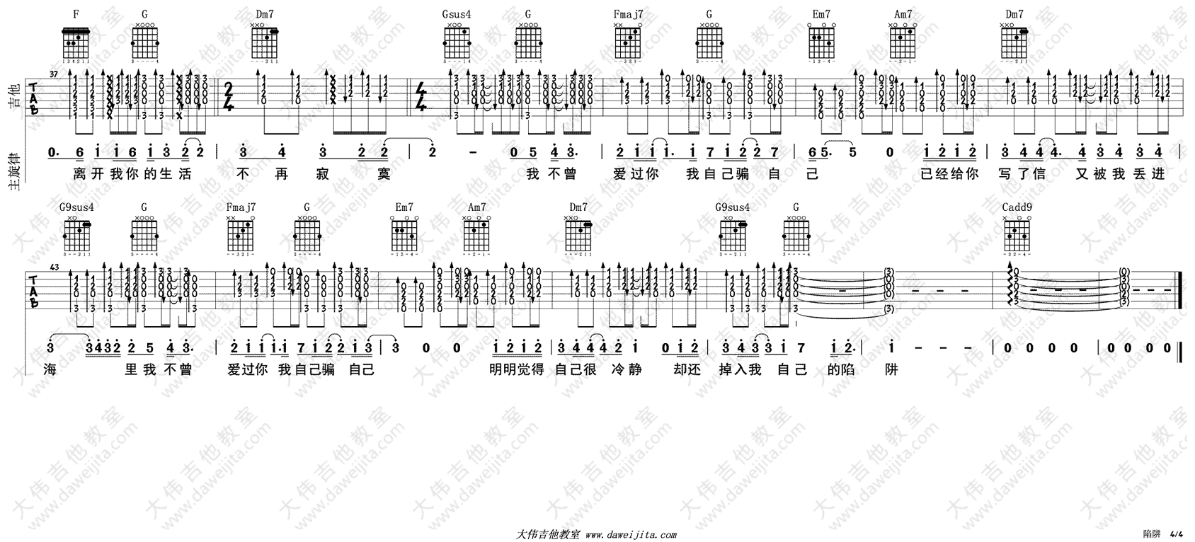 王北车《陷阱》吉他谱_C调指法原版吉他谱_吉他弹唱视频教学-图4