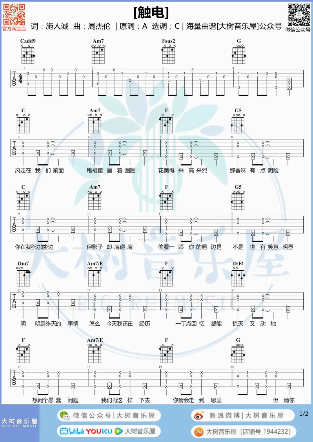 S.H.E《触电》吉他谱_C调指法原版吉他谱_吉他弹唱视频教学-图1