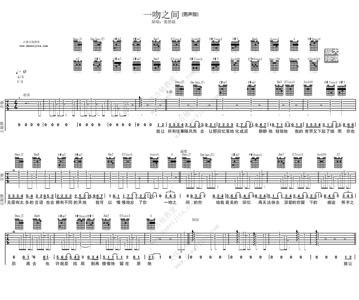 张碧晨《一吻之间》吉他谱_A调指法原版吉他谱_吉他弹唱视频教学-图1
