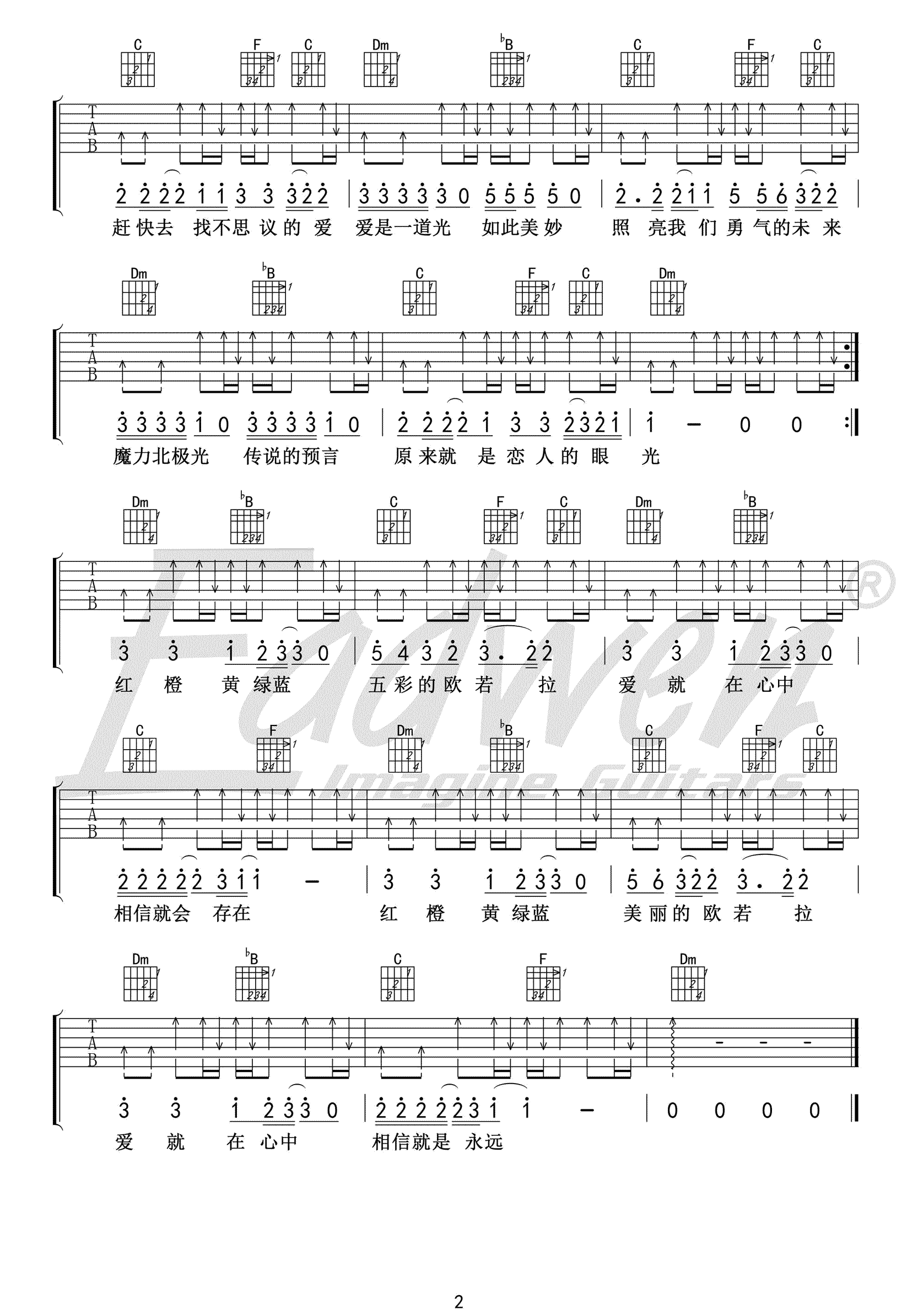 张韶涵/胜屿《欧若拉》吉他谱_F调指法吉他谱_吉他弹唱视频教学-图2