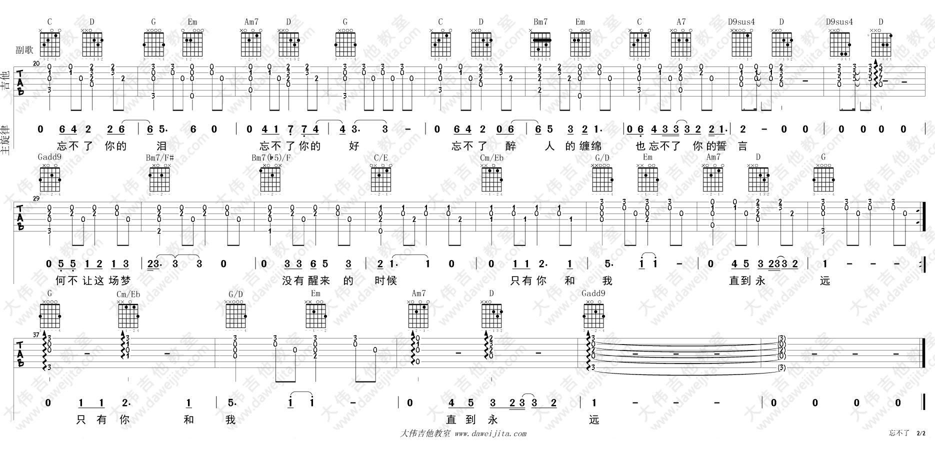 童安格《忘不了》吉他谱_G调指法原版吉他谱_吉他弹唱视频教学-图2