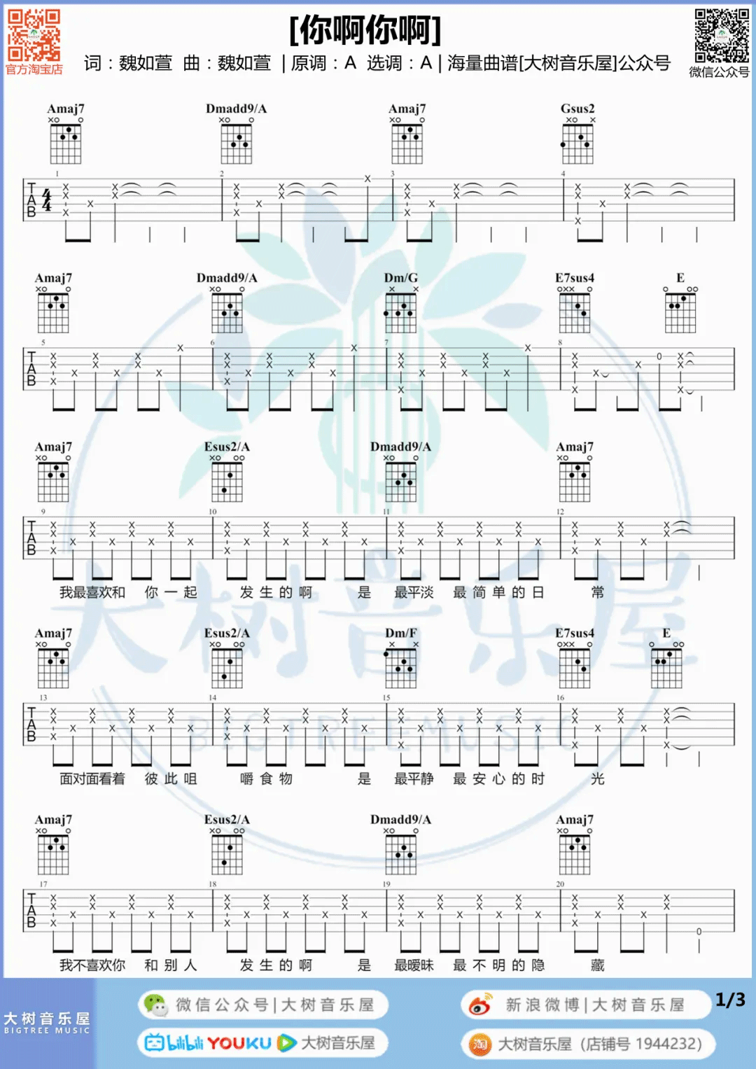 魏如萱《你啊你啊》吉他谱_A调指法原版吉他谱_吉他弹唱视频教学-图1