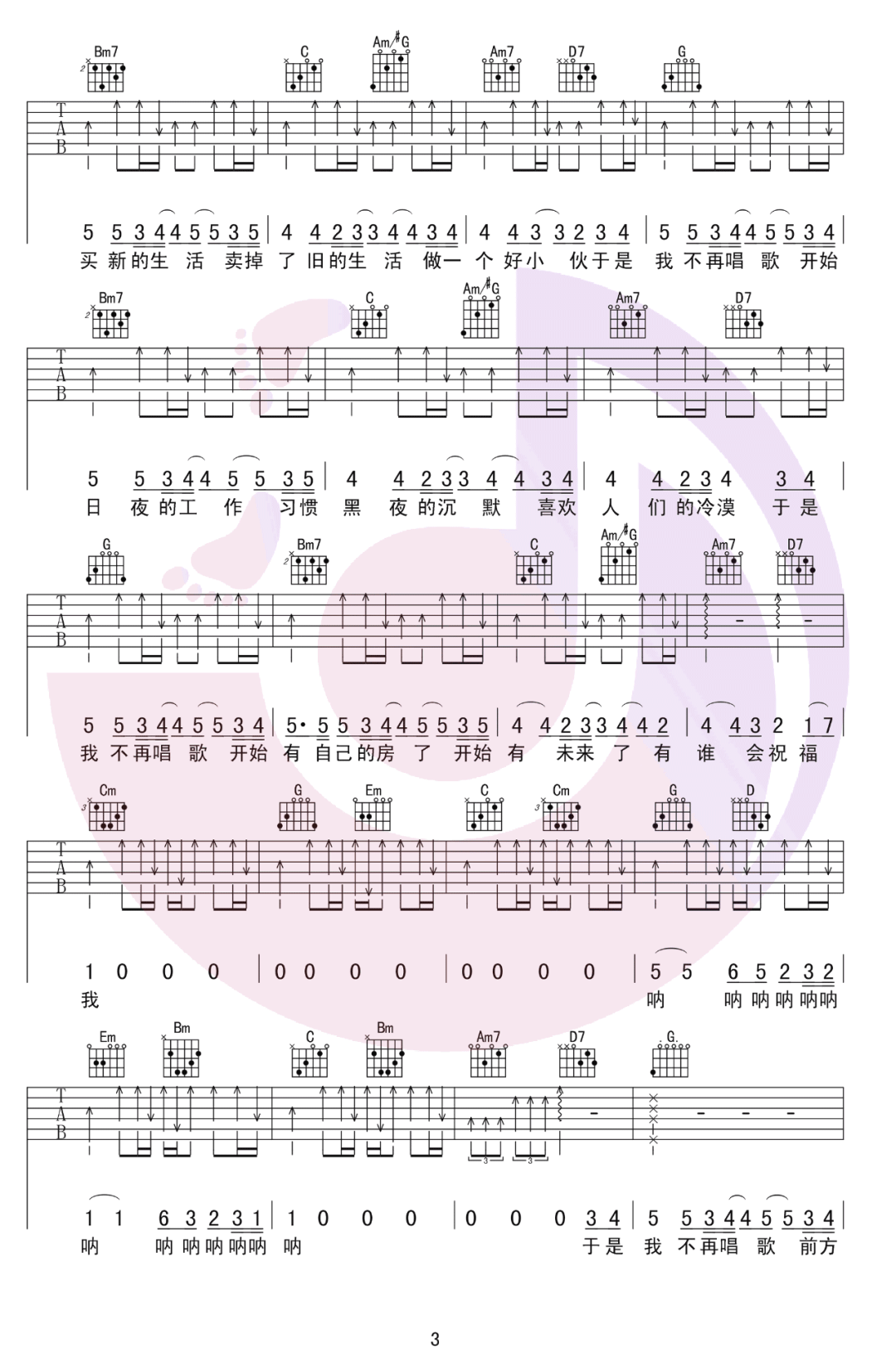 旅行团乐队《于是我不再唱歌》吉他谱_G调吉他谱_吉他弹唱视频教学-图3