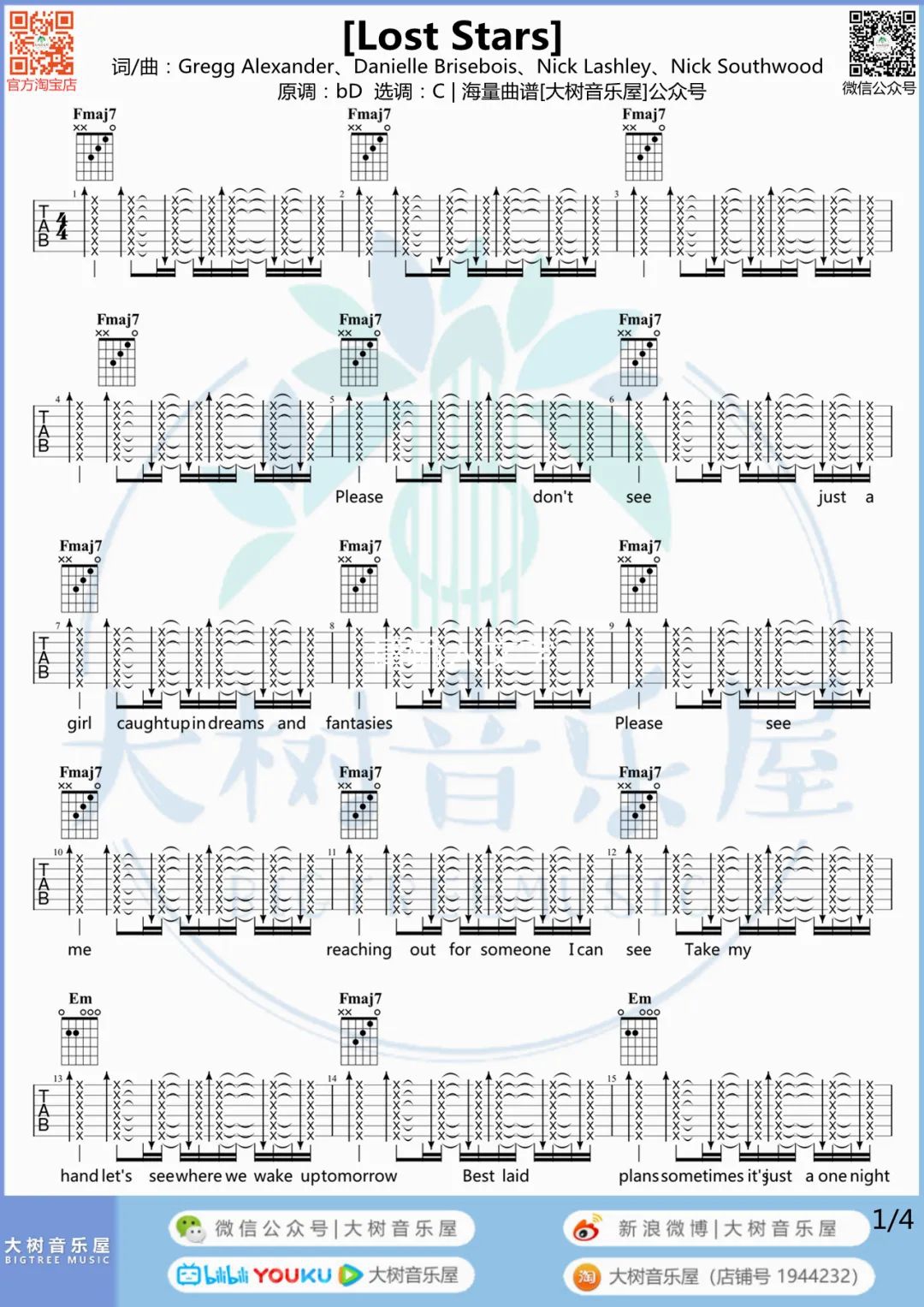 Keira Knightley《Lost Stars》吉他谱_C调吉他谱_吉他弹唱视频教学-图1