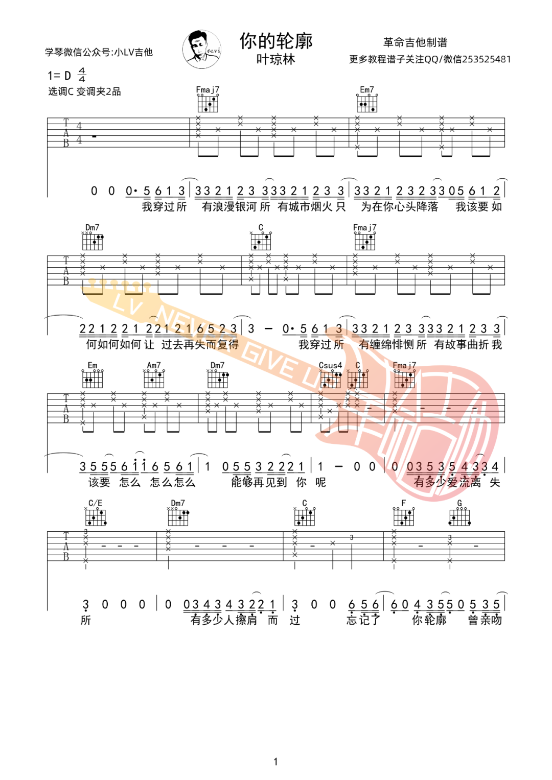 叶琼琳《你的轮廓》吉他谱_C调指法原版吉他谱_吉他弹唱视频教学-图1