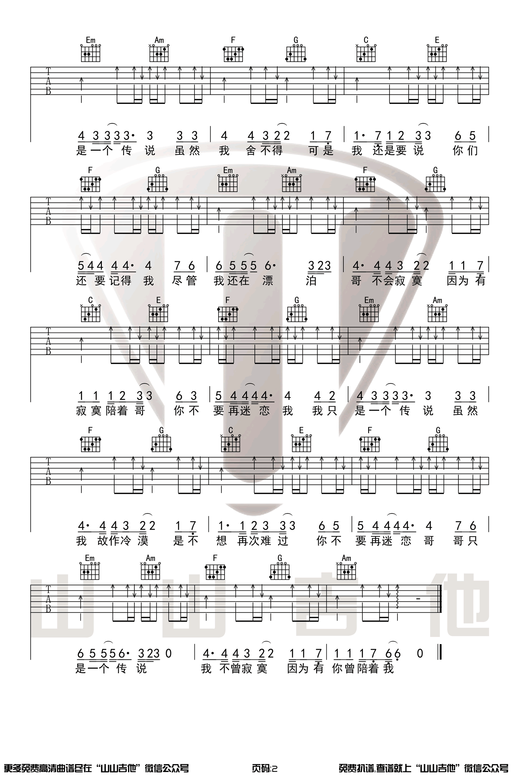 陈旭《哥只是个传说》吉他谱_C调扫弦版吉他谱_吉他弹唱示范-图2