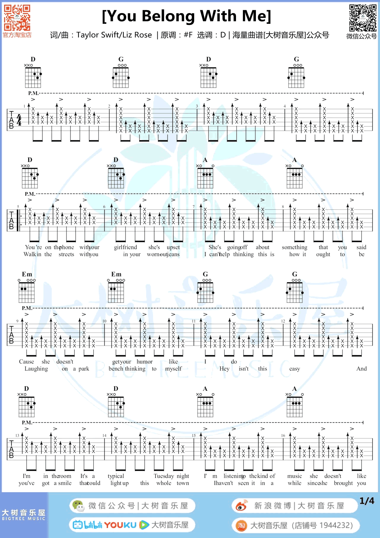 Taylor Swift《You Belong With Me》吉他谱_D调弹唱视频教学-图1