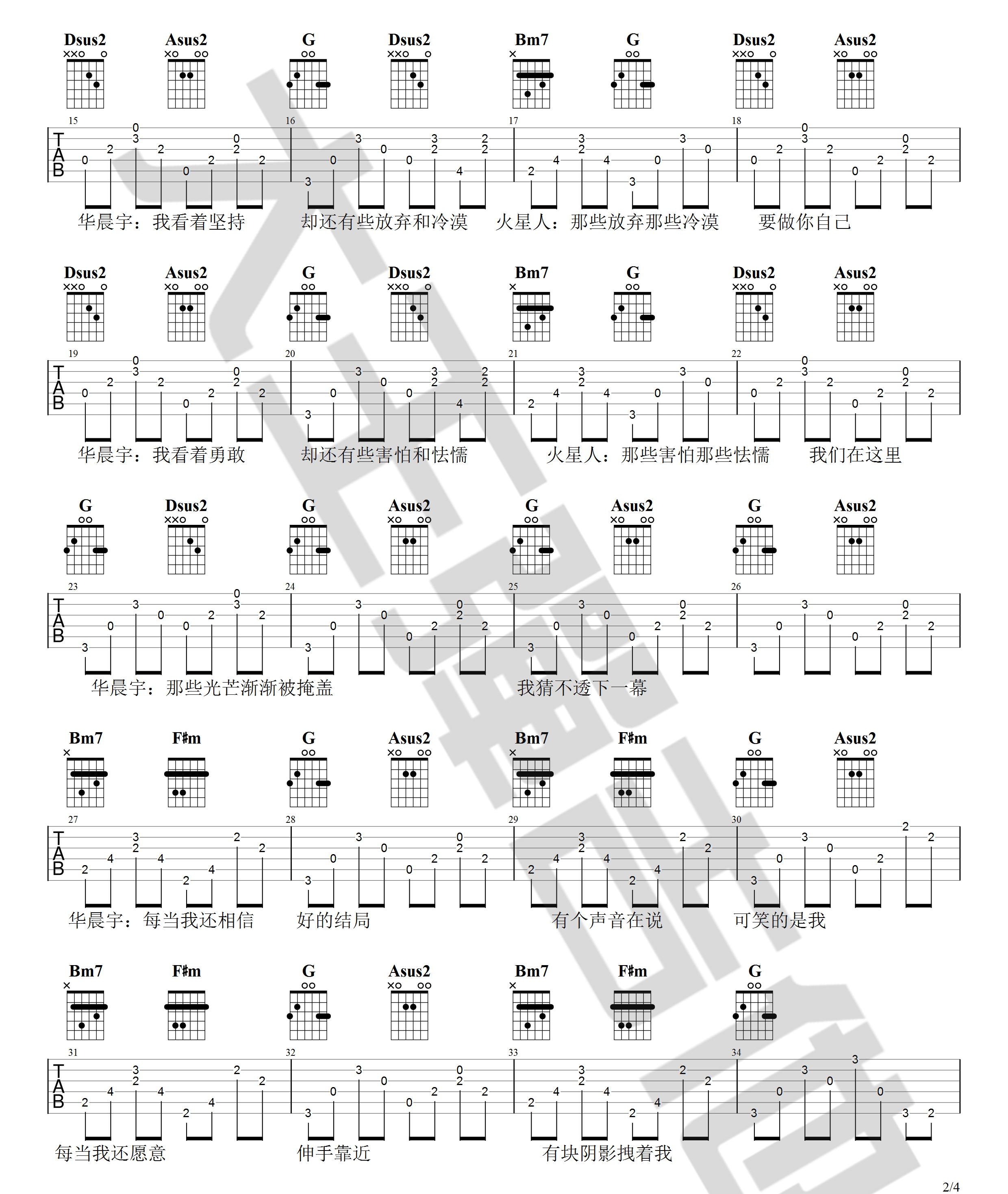 华晨宇《与火星孩子的对话》吉他谱_D调吉他谱_吉他弹唱视频教学-图2