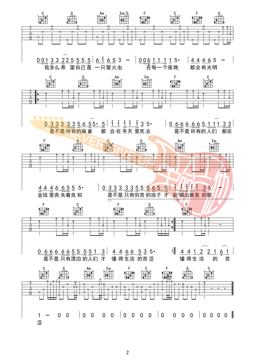 纣王老胡《涩》吉他谱_《涩》C调原版吉他谱_吉他弹唱视频教学-图2