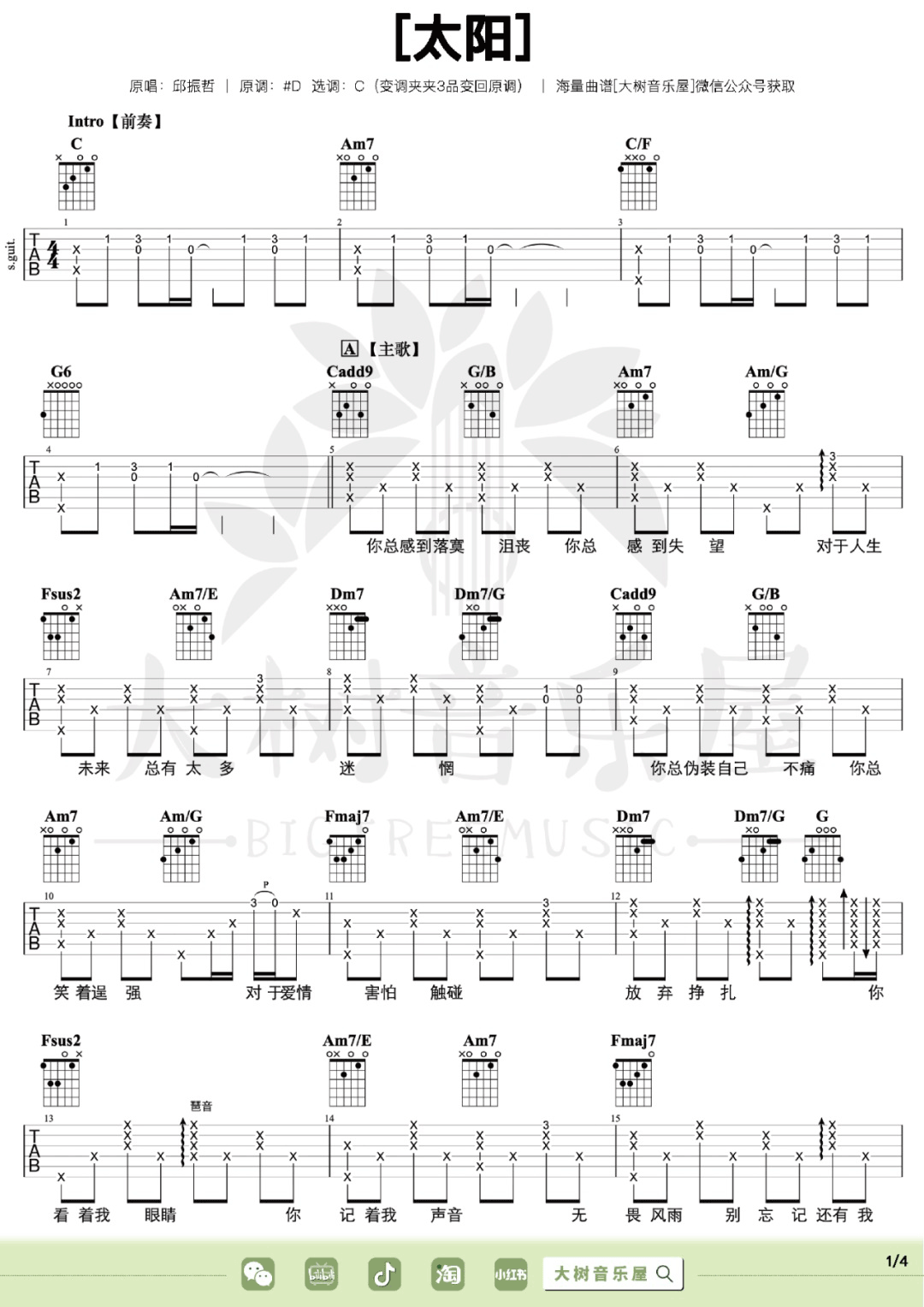 邱振哲《太阳》吉他谱_C调指法原版吉他谱_吉他弹唱视频教学-图1