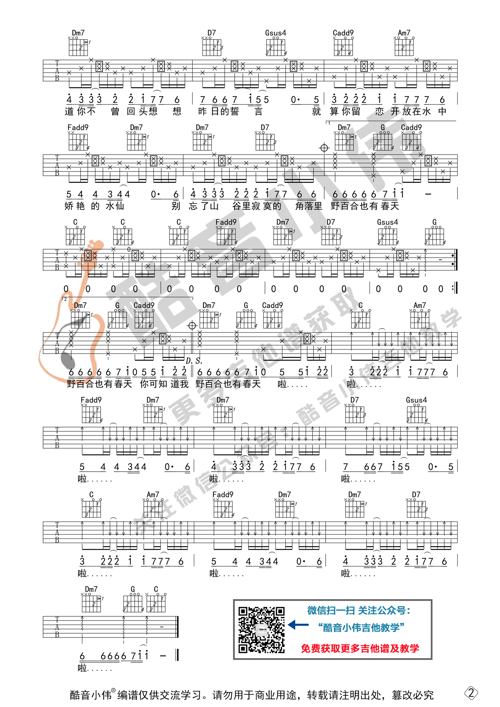 罗大佑《野百合也有春天》吉他谱_C调原版吉他谱_吉他弹唱视频教学-图2