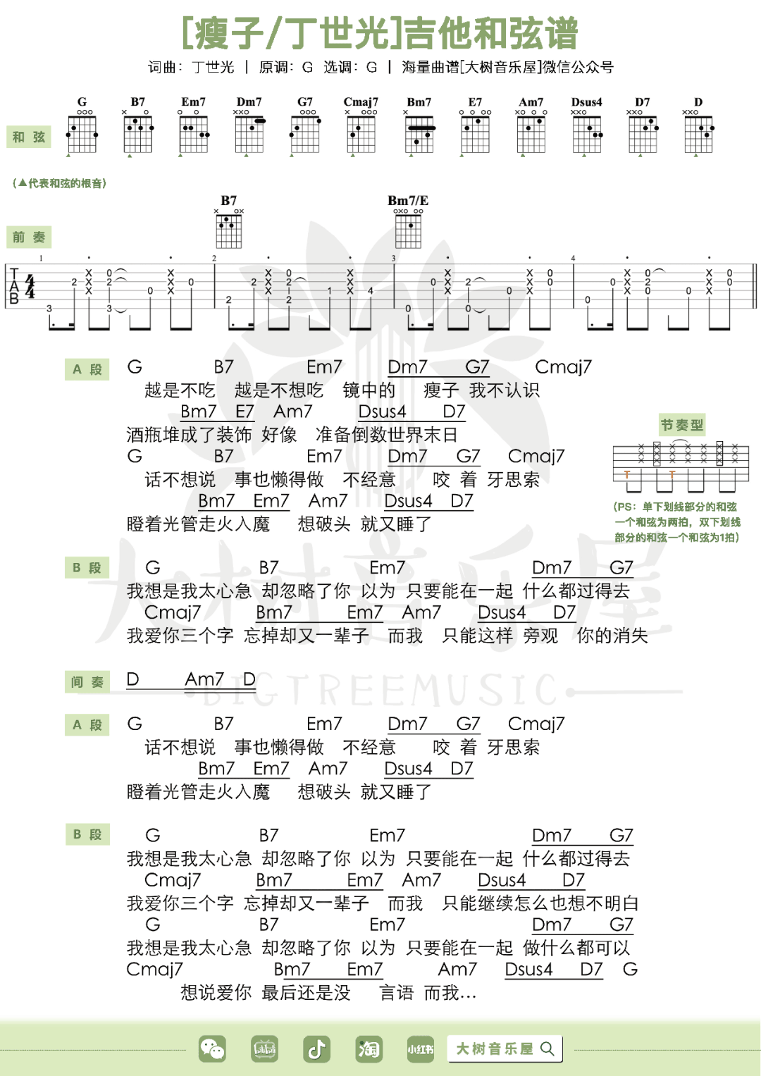 丁世光《瘦子》吉他谱_G调指法拍弦版吉他谱_吉他弹唱视频教学-图4