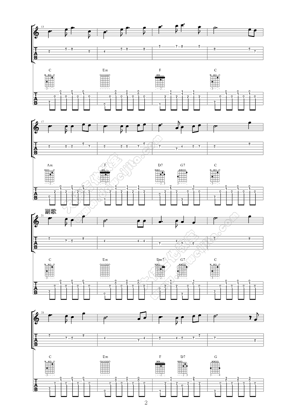 月亮代表我的心指弹谱_张国荣_原版指弹谱_吉他指弹教学-图2