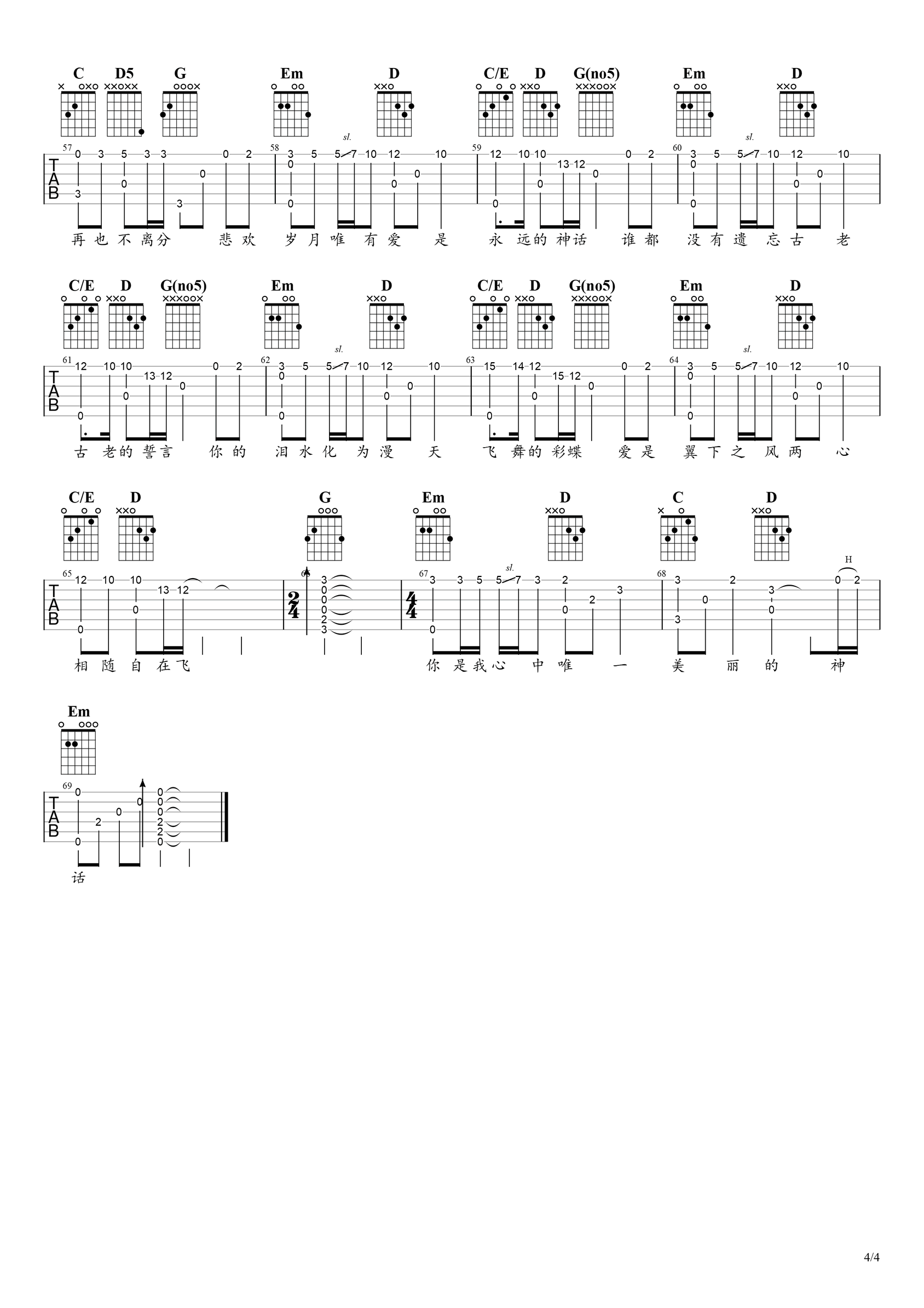 韩红/孙楠《美丽的神话》指弹谱_原版指弹谱_吉他指弹教学-图4