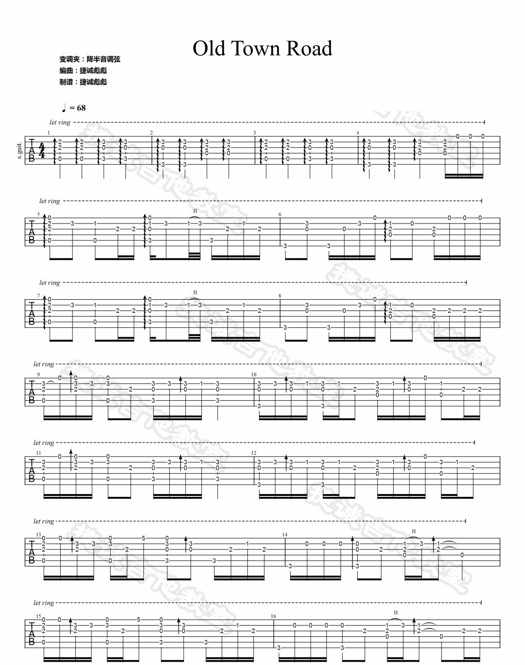 原版指弹谱《Old Town Road》指弹吉他谱_吉他指弹教学-图1