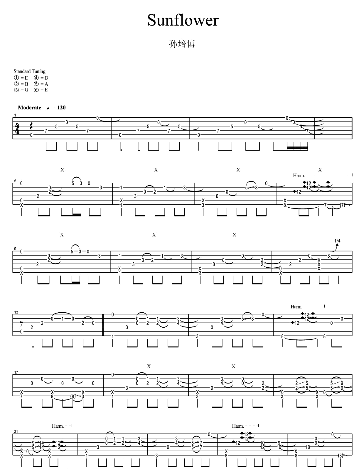 Sunflower指弹谱_孙培博_太阳花独奏吉他谱_指弹吉他教学-图1