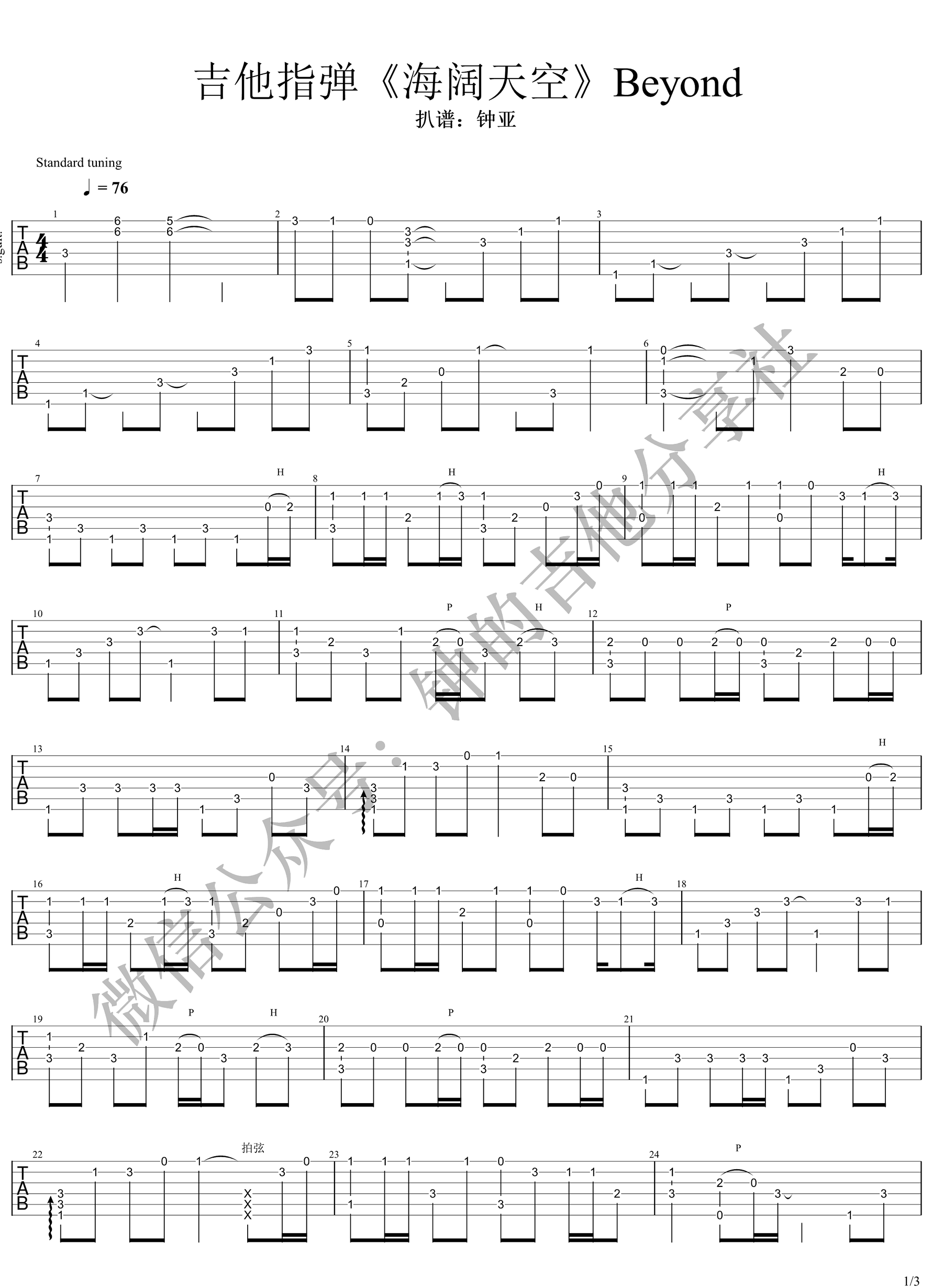 Beyond《海阔天空》指弹吉他谱_原版指弹谱_吉他指弹教学-图1